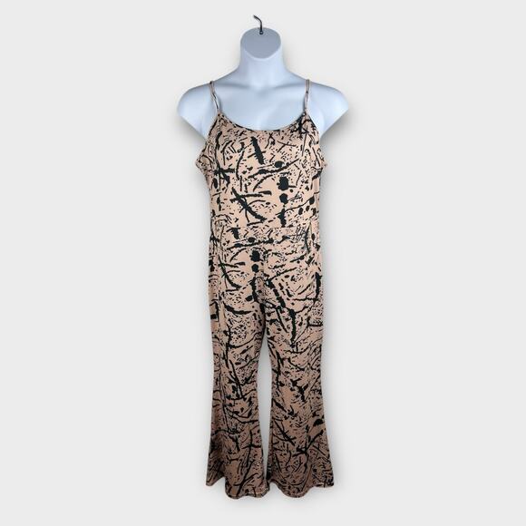 Soft Stretchy Sleeveless Cream Black Splatter Paint Flare Leg Jumpsuit Medium - Picture 2 of 8